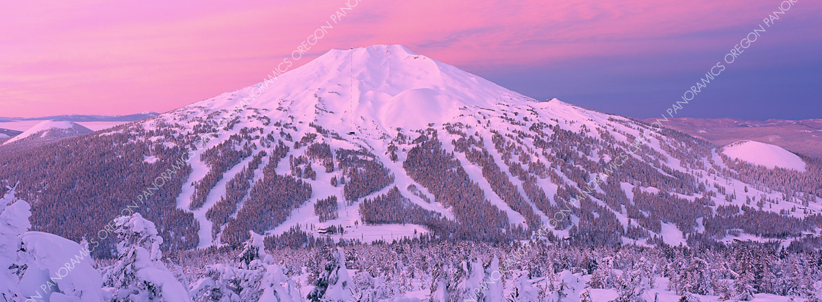 panoramic photo of alpenglow over Mt. Bachelor ski resort by Ross Wordhouse